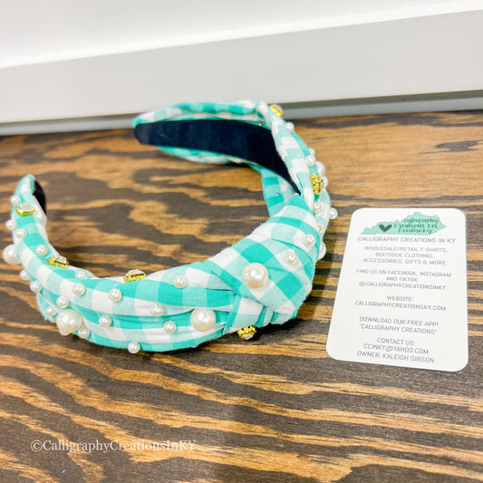 Teal Plaid & Pearl Non-Headache Headband