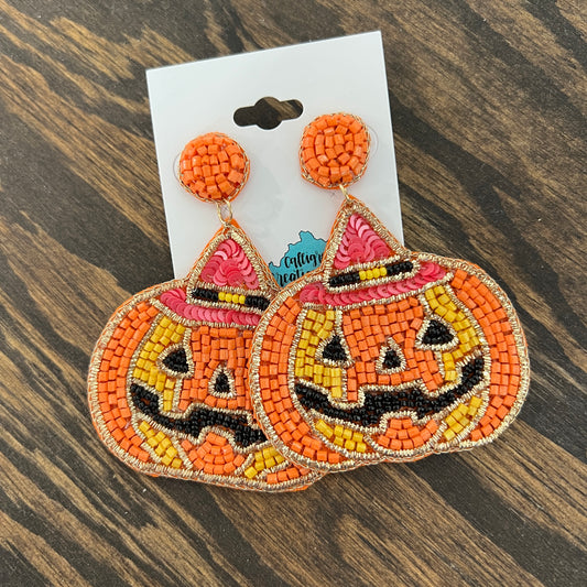 Seed Bead Jack O Lantern Earrings