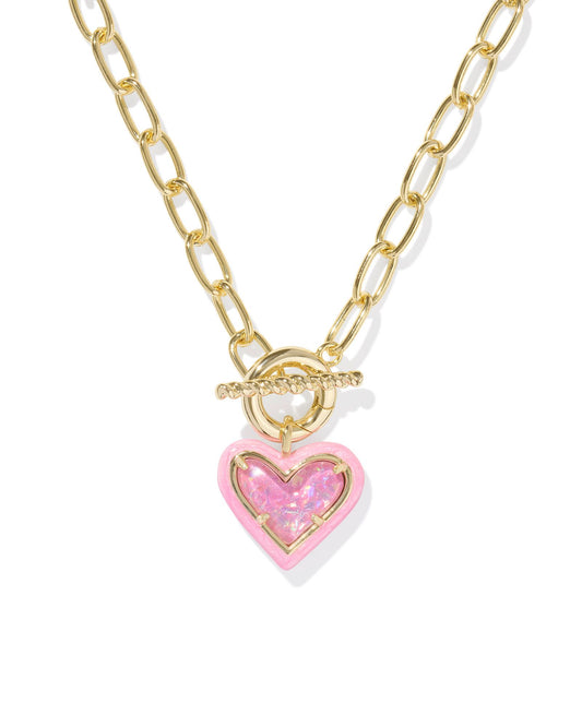 Kendra Scott Ari Heart Enamel Frame Chain Necklace- Gold Pink Iridescent Glitter