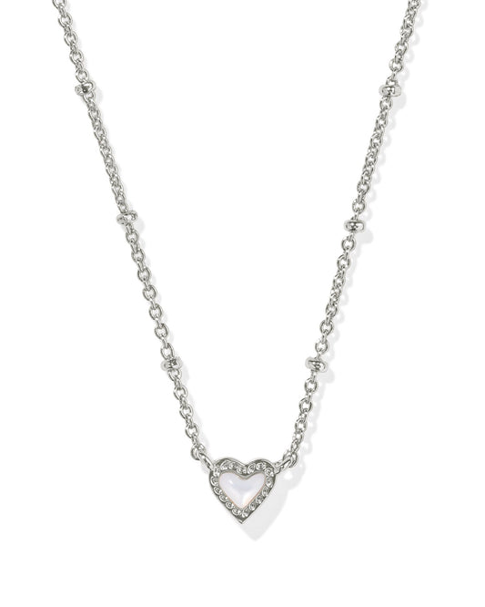 Kendra Scott Mini Ari Heart Satellite Necklace - Rhodium Ivory Mother of Pearl