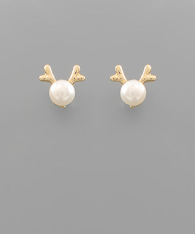 Gold Reindeer Pearl Stud Earrings