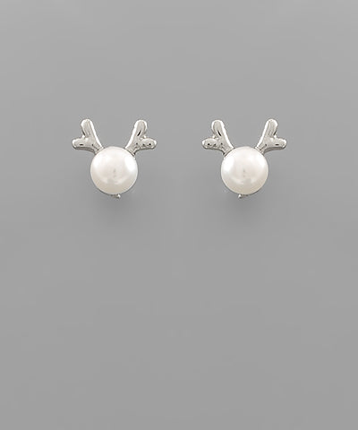 Silver Reindeer Pearl Stud Earrings