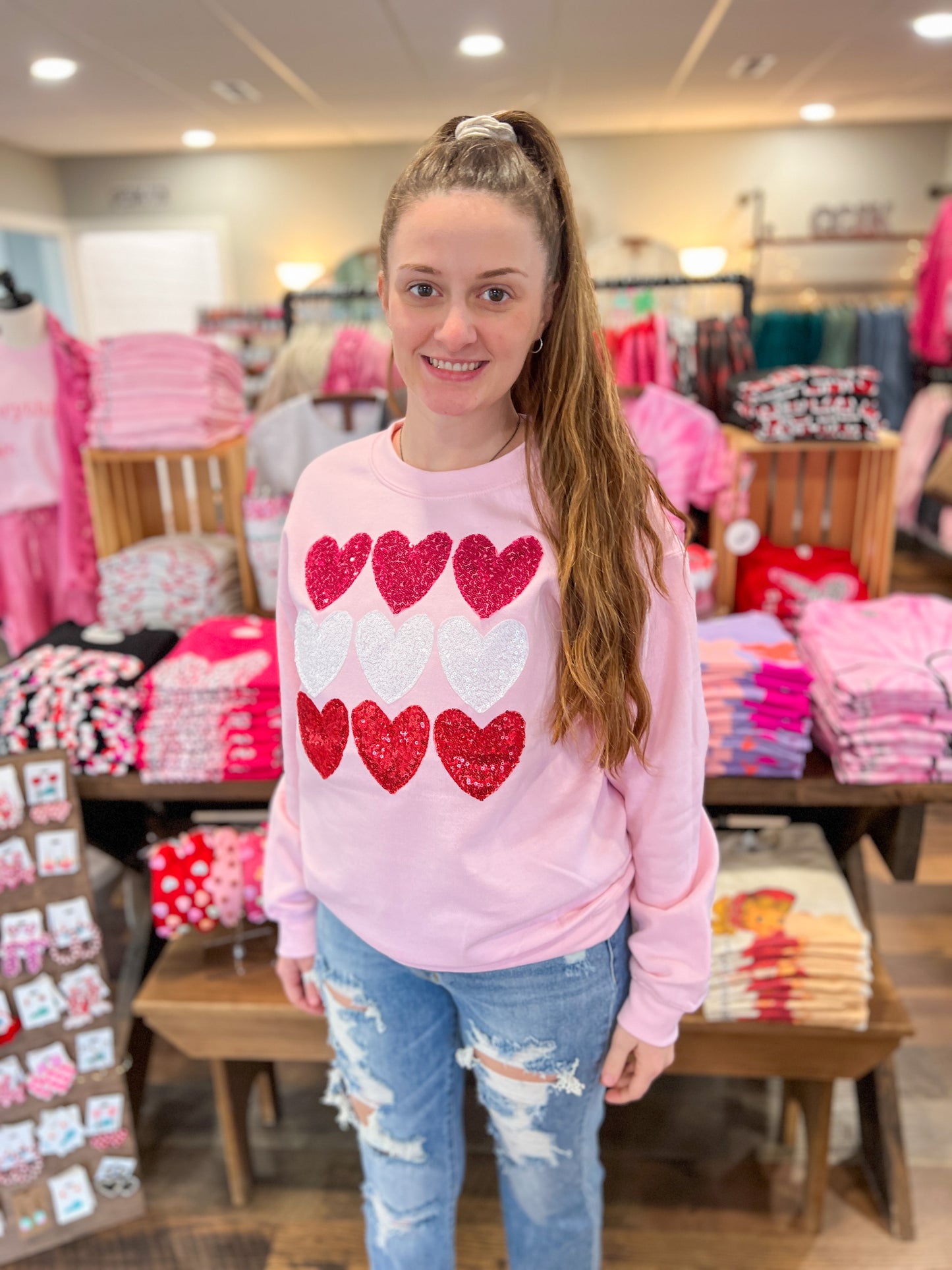 Appliqué Sequin Hearts Sweatshirt