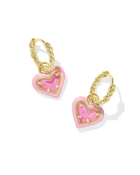 Kendra Scott Ari Heart Enamel Frame Huggie Earrings - Gold Pink Iridescent Glitter