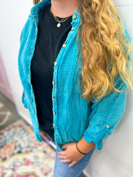 Teal | Washed Button Down Shirt