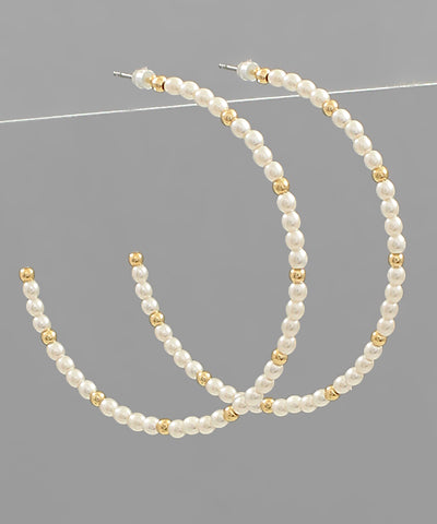 Pearl/Gold Beaded Open Hoop Earrings