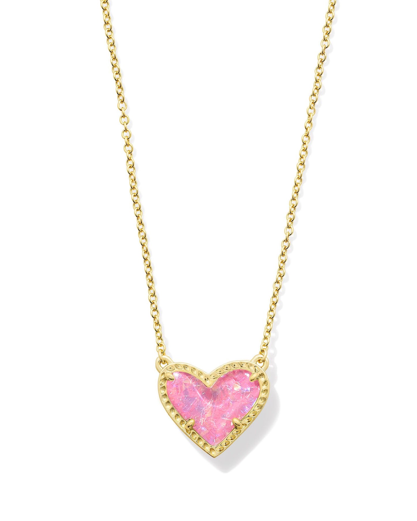 Kendra Scott Ari Heart Pendant Necklace - Gold Pink Iridescent Glitter Glass