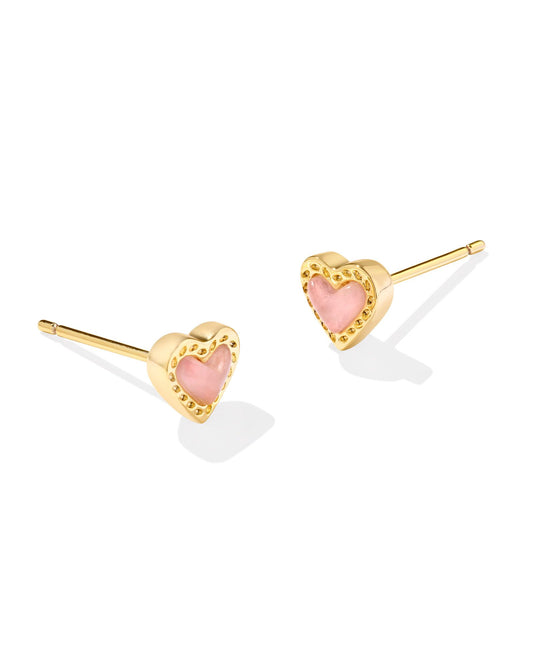 Kendra Scott Mini Ari Heart Stud Earrings - Gold Rose Quartz