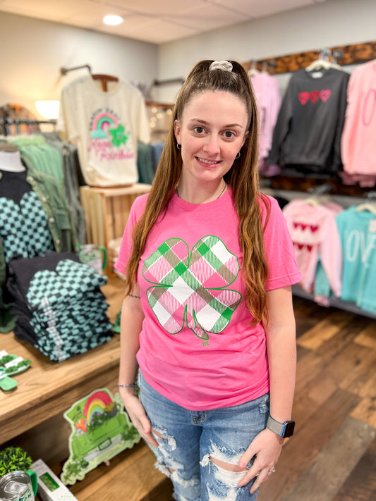 Pink/Green Plaid Clover Tee