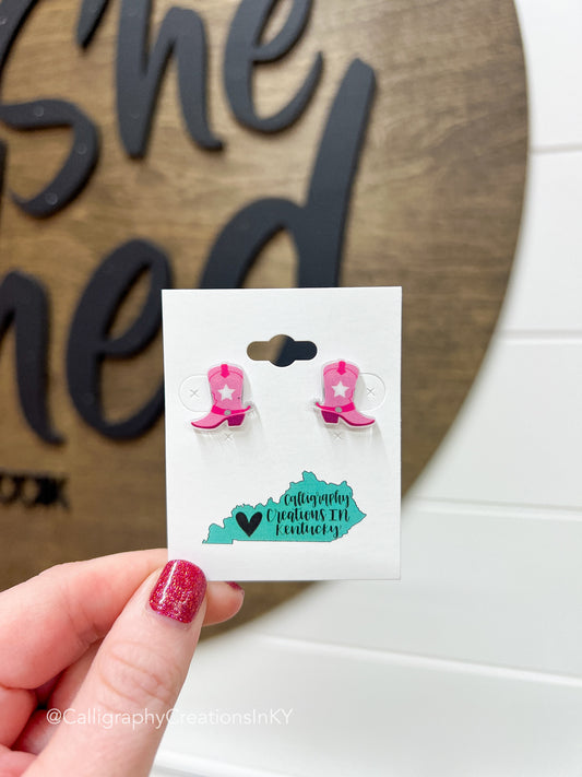 Pink Cowgirl Boots Stud Earrings