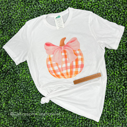 Pink Bow Orange Plaid Pumpkin Tee