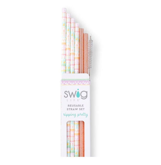 Bunny Trail + Peach Glitter Swig Reusable Straw Set