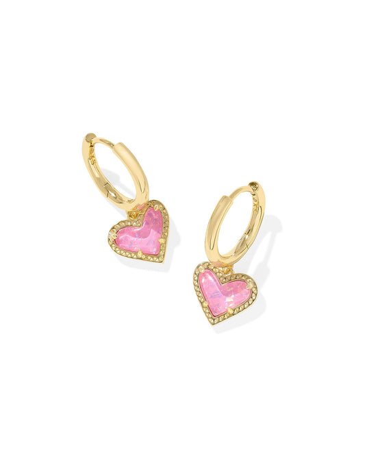 Kendra Scott Ari Heart Huggie Earrings - Gold Pink Iridescent Glitter Glass