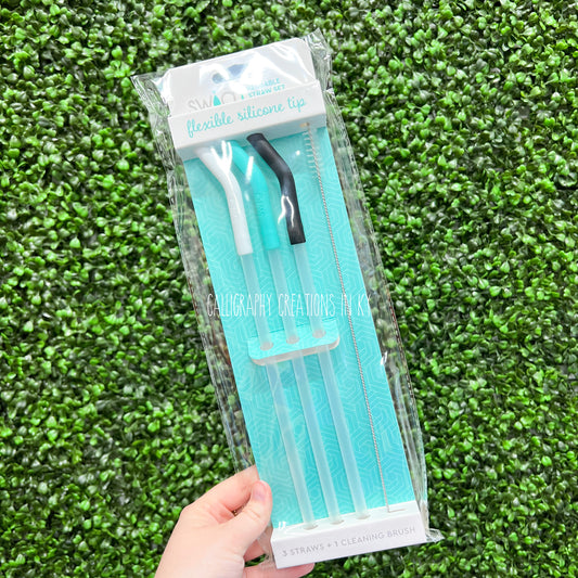 White/Aqua/Black Swig Flexible Silicone Tip Reusable Straw Set