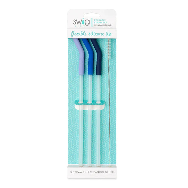 Hydrangea/Blue/Navy Swig Flexible Silicone Tip Reusable Straw Set