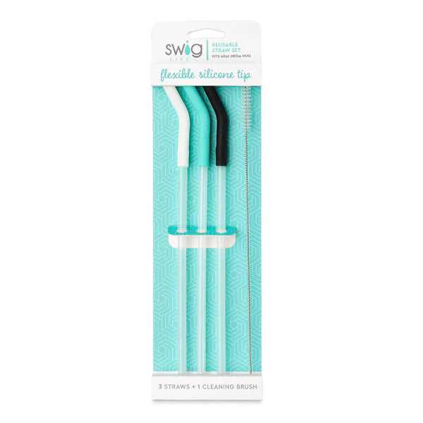 White/Aqua/Black Swig Flexible Silicone Tip Reusable Straw Set