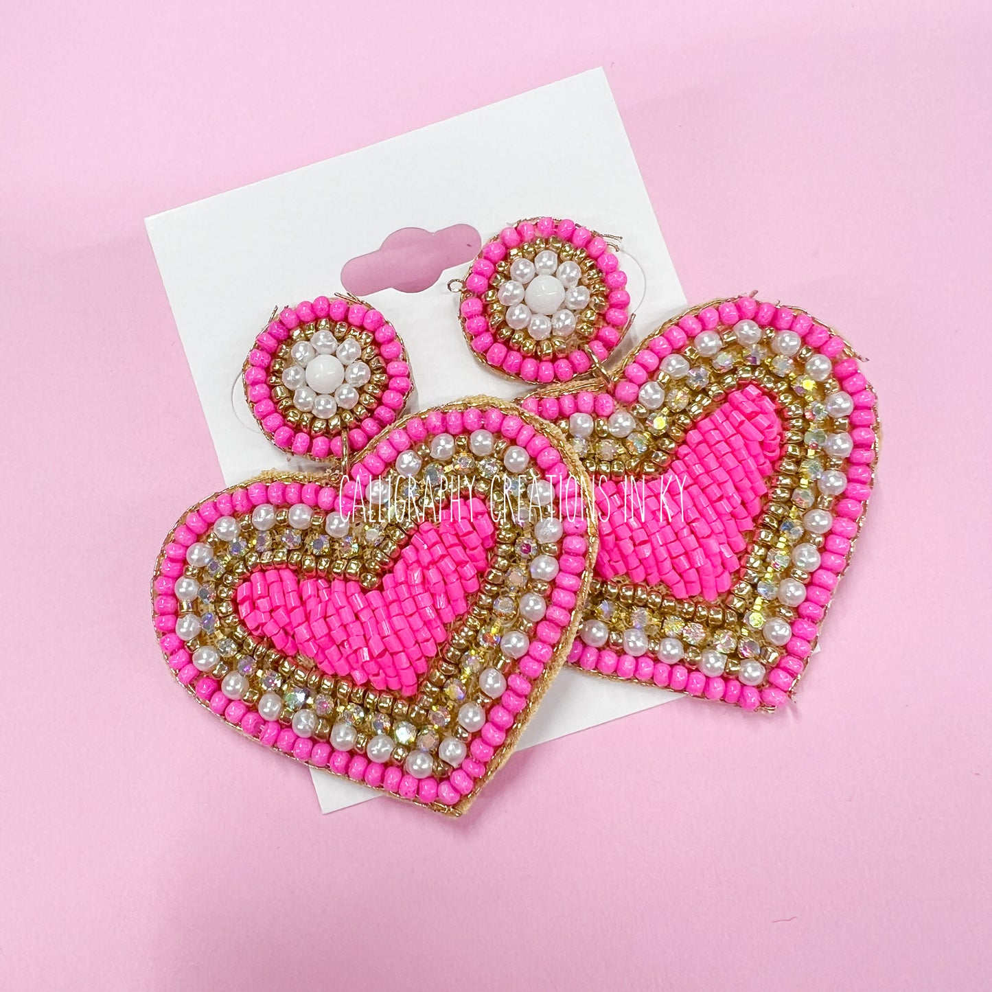 Bright Pink Heart Beaded Earrings