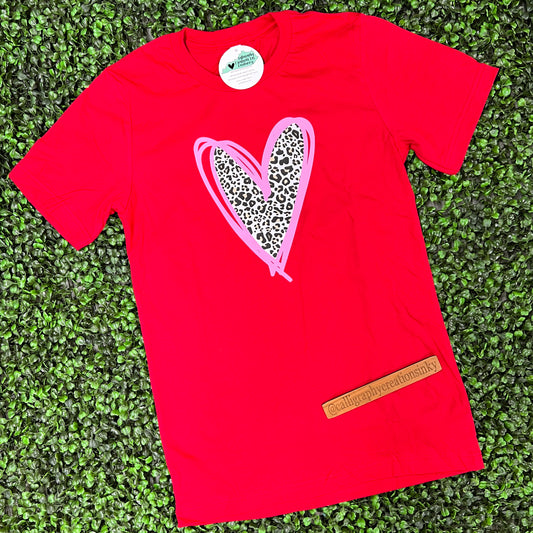 SMALL - Red/Pink Leopard Heart Tee - FINAL SALE