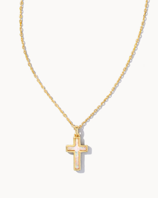 Kendra Scott Cross Pendant Necklace - Gold White Opal