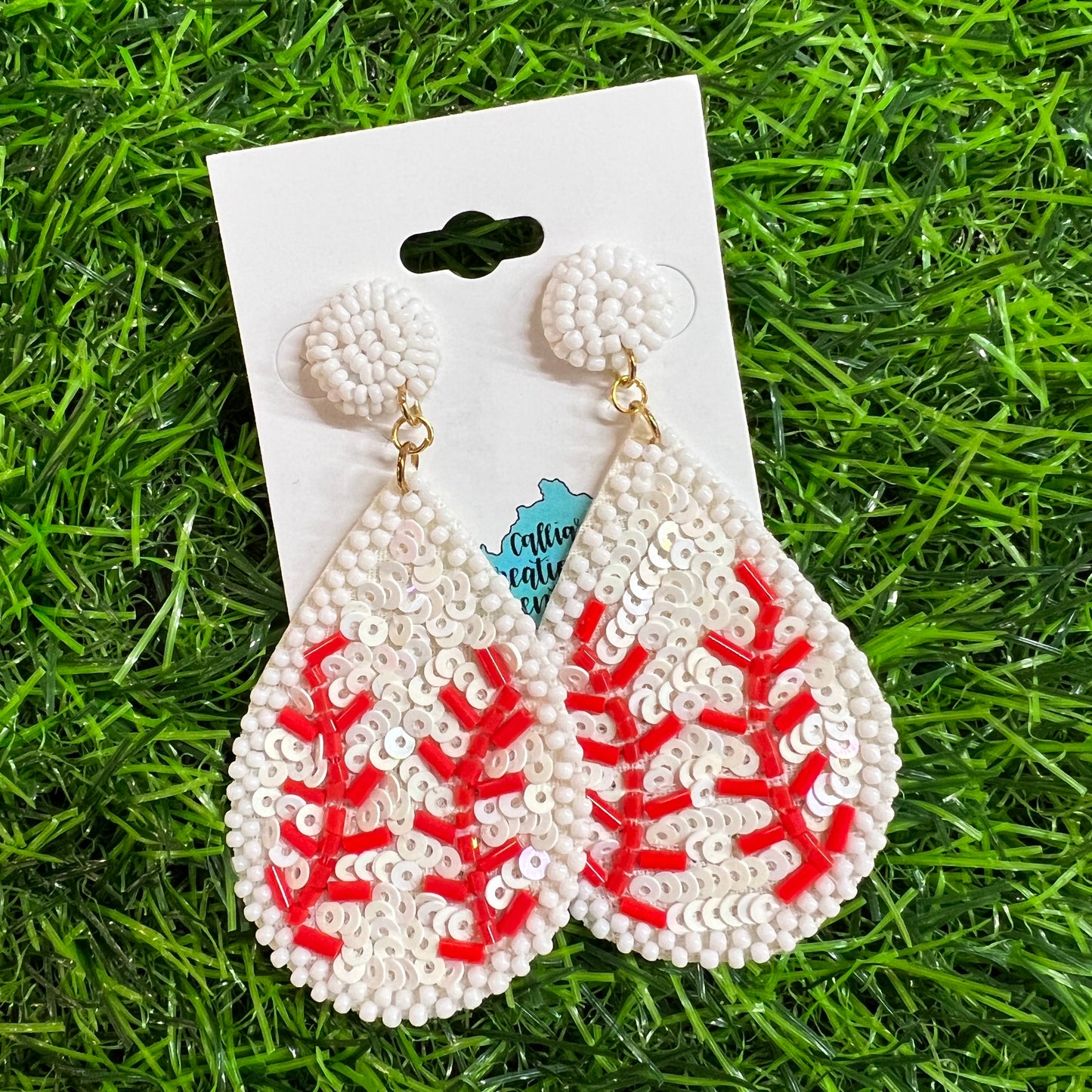 Baseball Seed Bead Teardrop Earrings