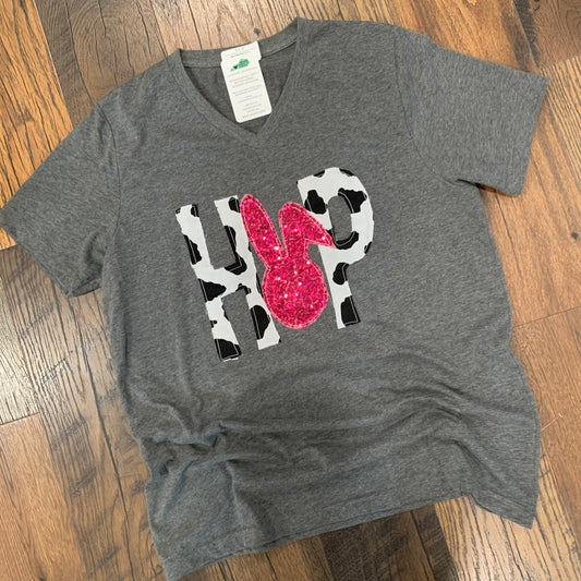 HOP Cow Print/Pink Sequin Appliqué V Neck Tee [RTS] - FINAL SALE